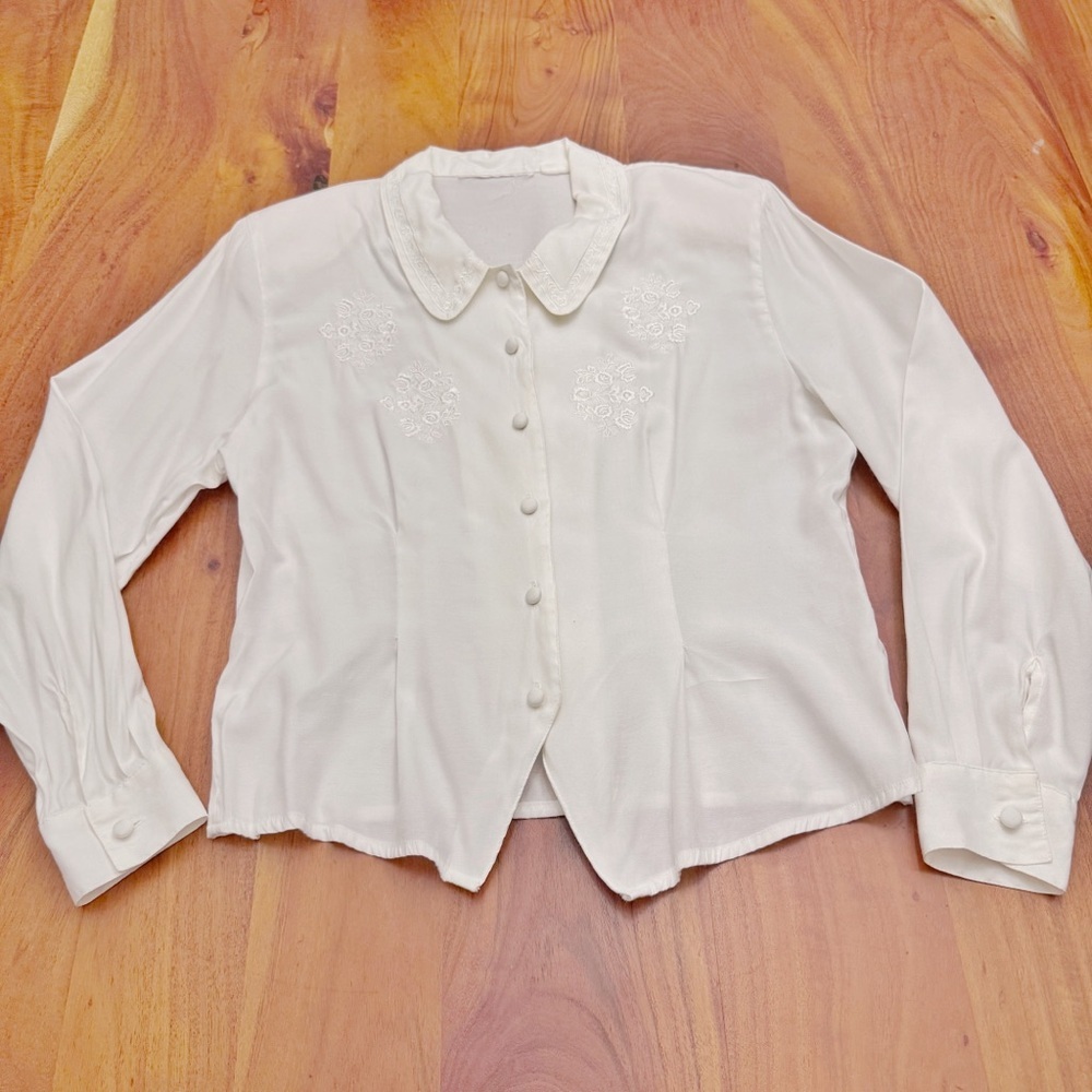 Vintage Romantic Boho Cottagecore Lace Collar Cream White Button Down  Blouse - Picture 6 of 13